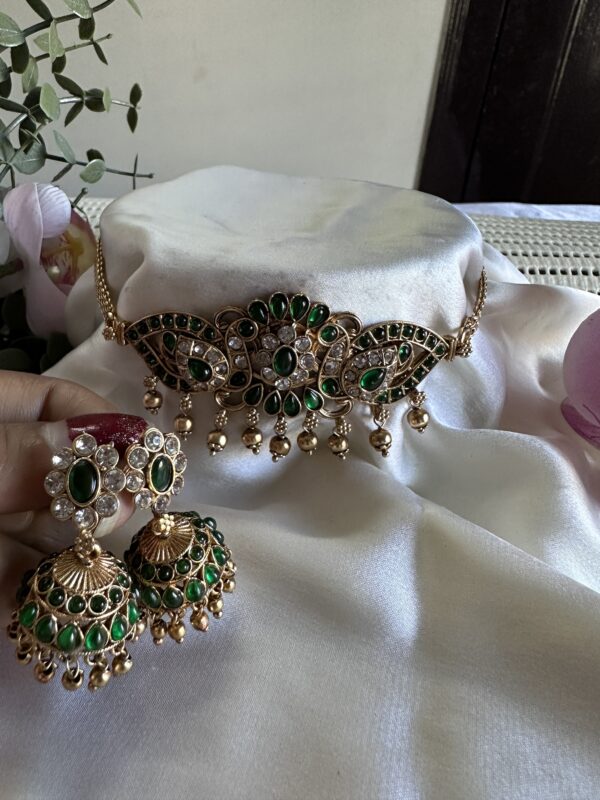 Green stone peacock chocker and jumka set