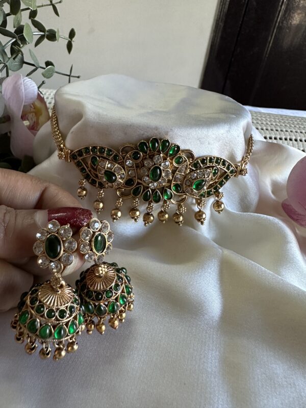 Green stone peacock chocker and jumka set - Image 4