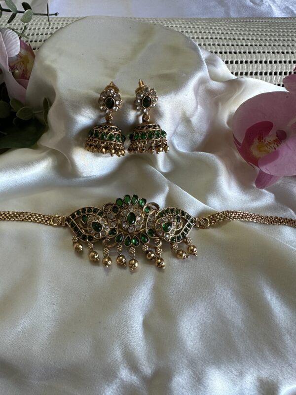 Green stone peacock chocker and jumka set - Image 2